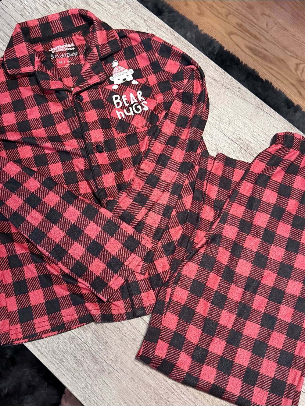 Cuddl Duds Red & Black Buffalo Plaid 'Bear Hugs' Kids Pajama Set. Size 14